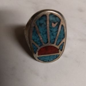 Native vintage turqoise and coral ring